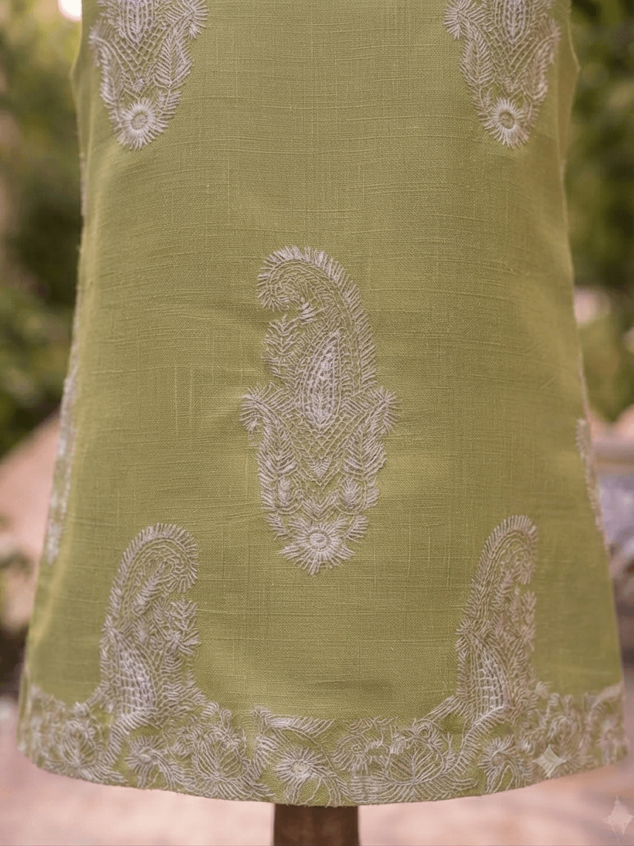 Sleeves Less Olive Green Embroidered Shirt _ Stitched - Image 4