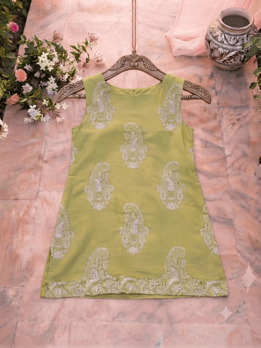 Sleeves Less Olive Green Embroidered Shirt _ Stitched - Image 3