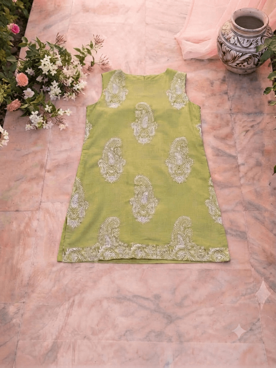 Sleeves Less Olive Green Embroidered Shirt _ Stitched - Image 2