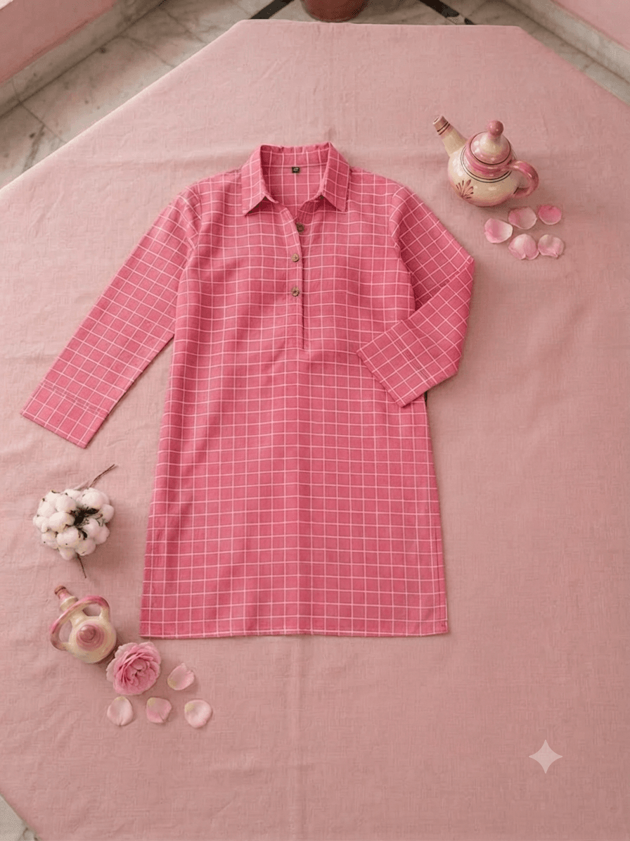Dark Pink Check Printed Lawn Shirt – Stitched - Image 2