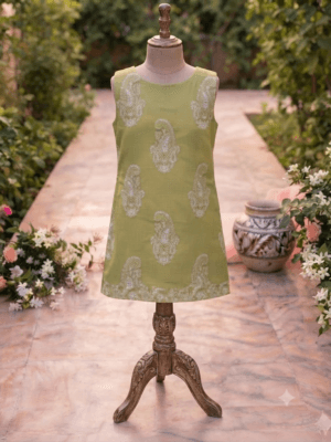 Sleeves Less Olive Green Embroidered Shirt _ Stitched