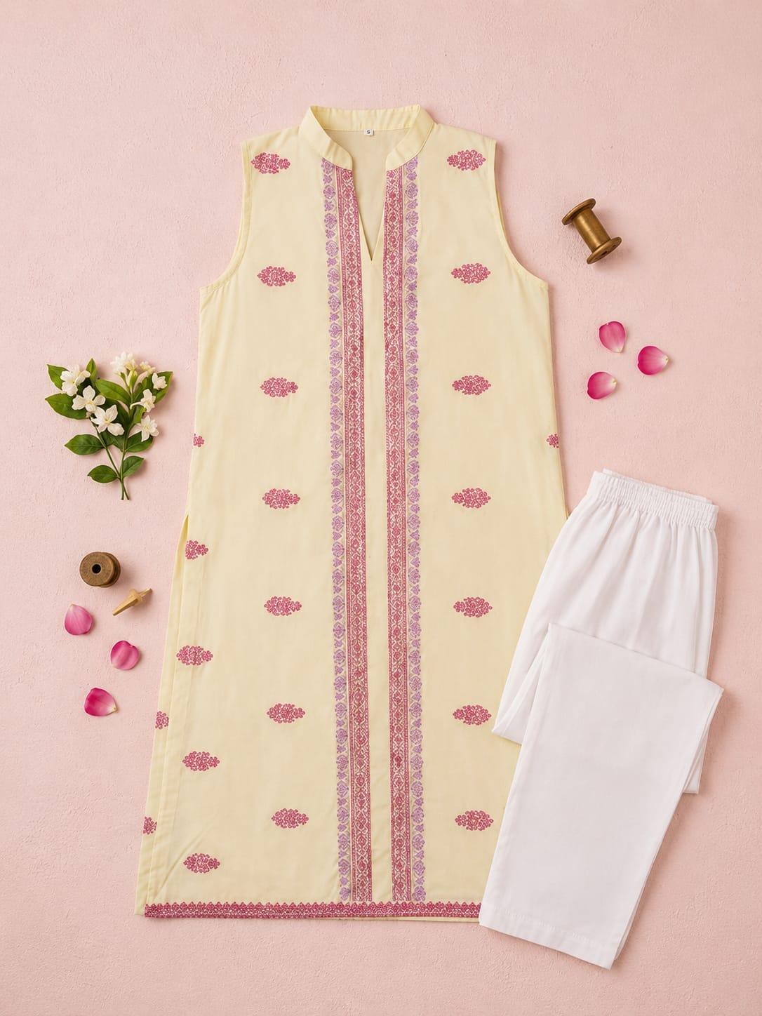 sleeve less embroidered light yellow 2 piece suit stiched