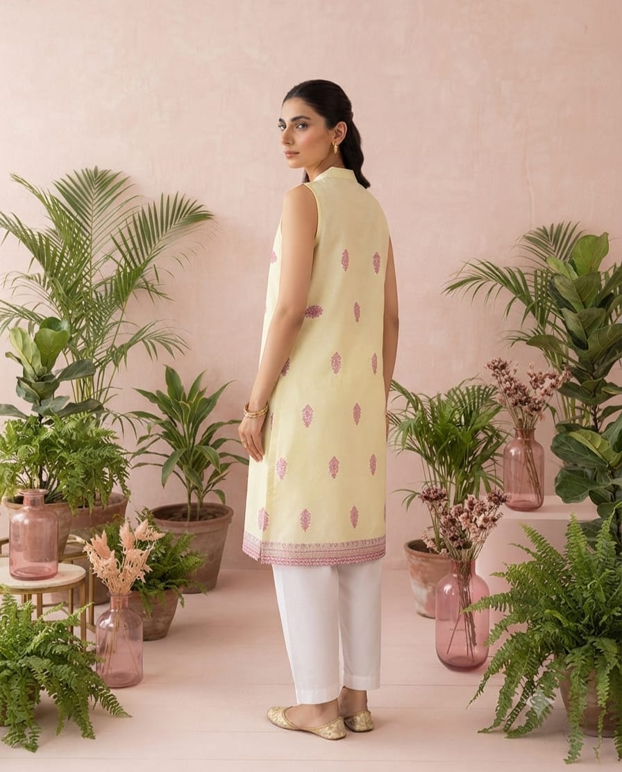 sleeve less embroidered light yellow 2 piece suit stiched