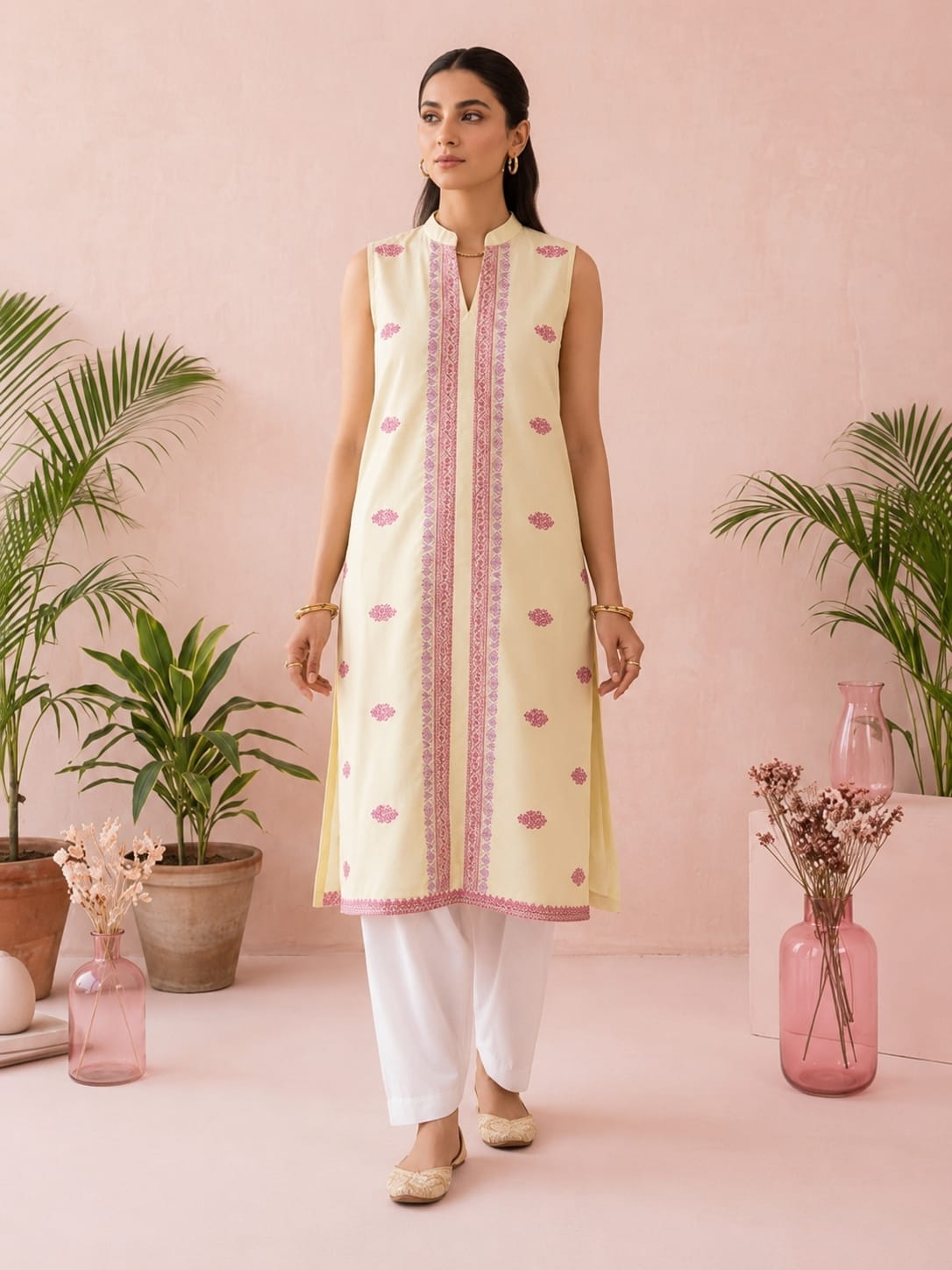 sleeve less embroidered light yellow 2 piece suit stiched