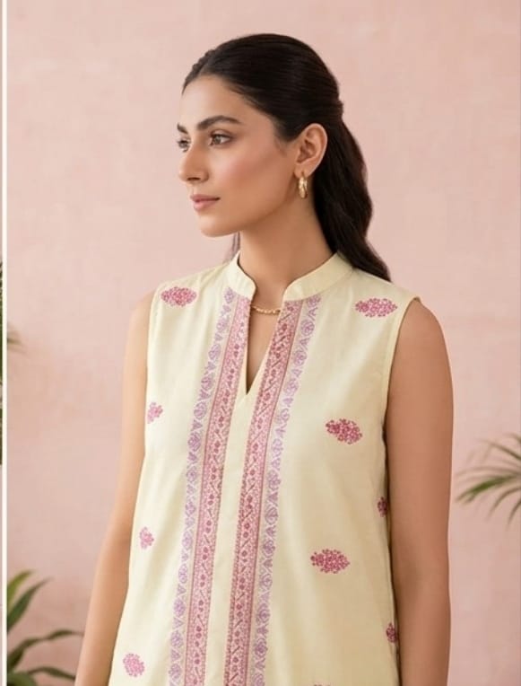sleeve less embroidered light yellow 2 piece suit stiched