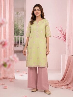 premium embroidered light yellow short sleeve shirt with pink trousers stiched