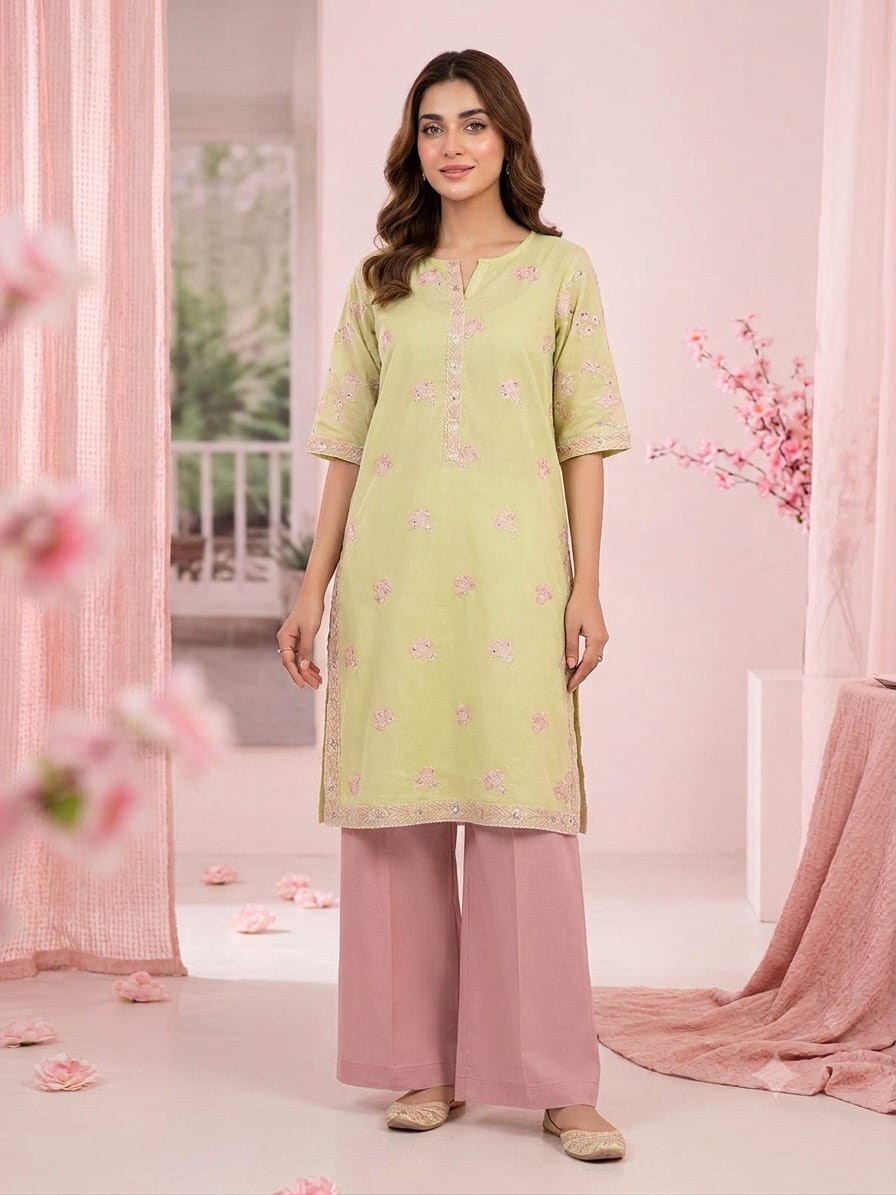 premium embroidered light yellow short sleeve shirt with pink trousers stiched