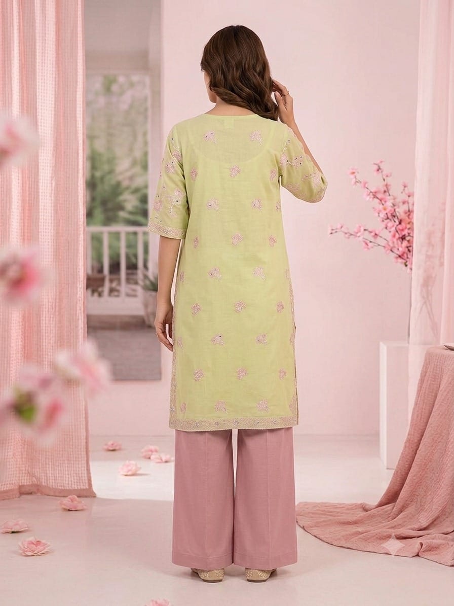premium embroidered light yellow short sleeve shirt with pink trousers stiched