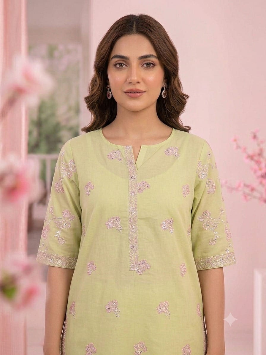 premium embroidered light yellow short sleeve shirt with pink trousers stiched
