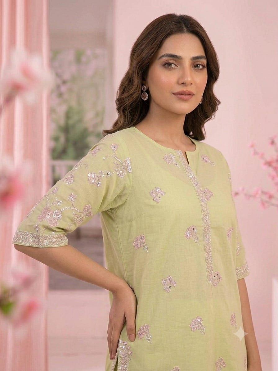 premium embroidered light yellow short sleeve shirt with pink trousers stiched