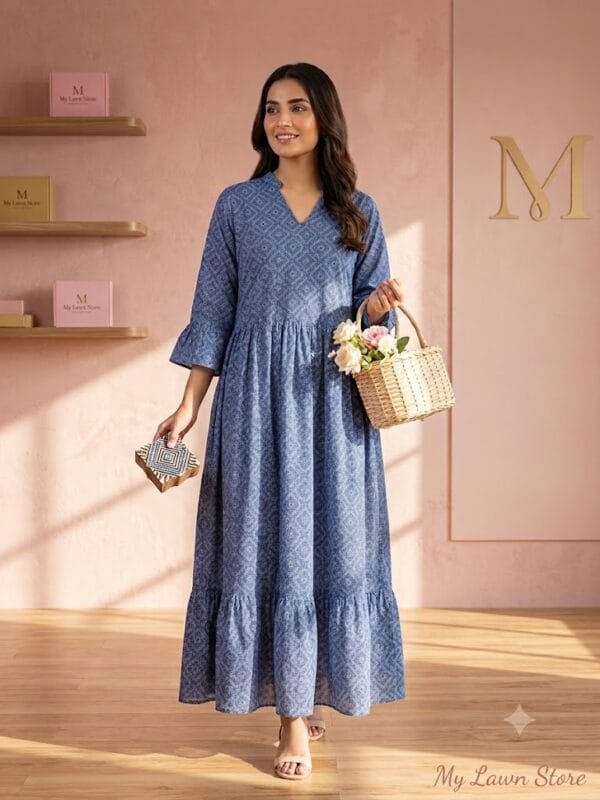 blue printed lawn frock stiched