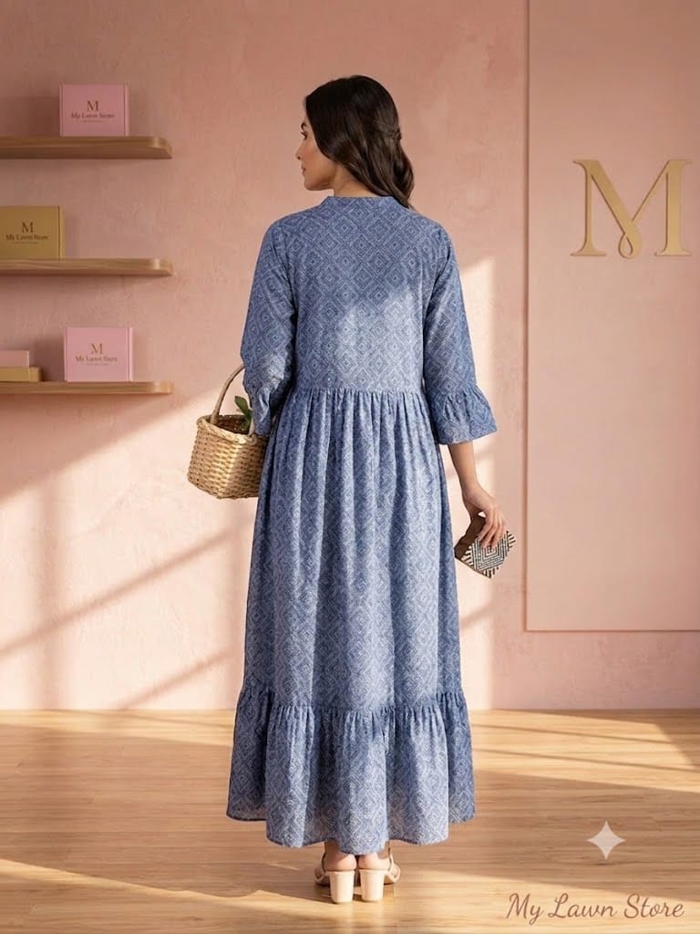 blue printed lawn frock stiched
