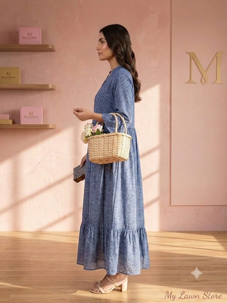 blue printed lawn frock stiched