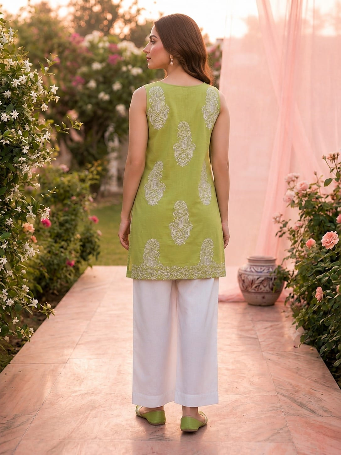 olive green embroided kurti white trouser stiched