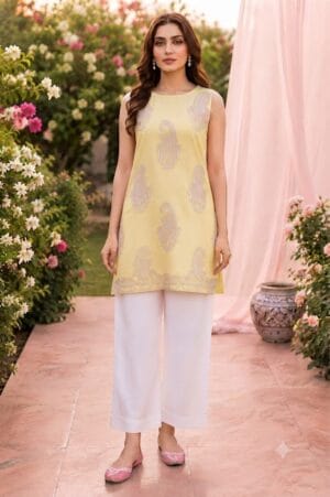 sleeveless yellow embroidered kurti with white shirt