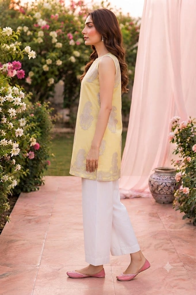 sleeveless yellow embroidered kurti with white shirt