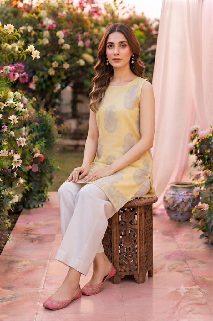 sleeveless yellow embroidered kurti with white shirt
