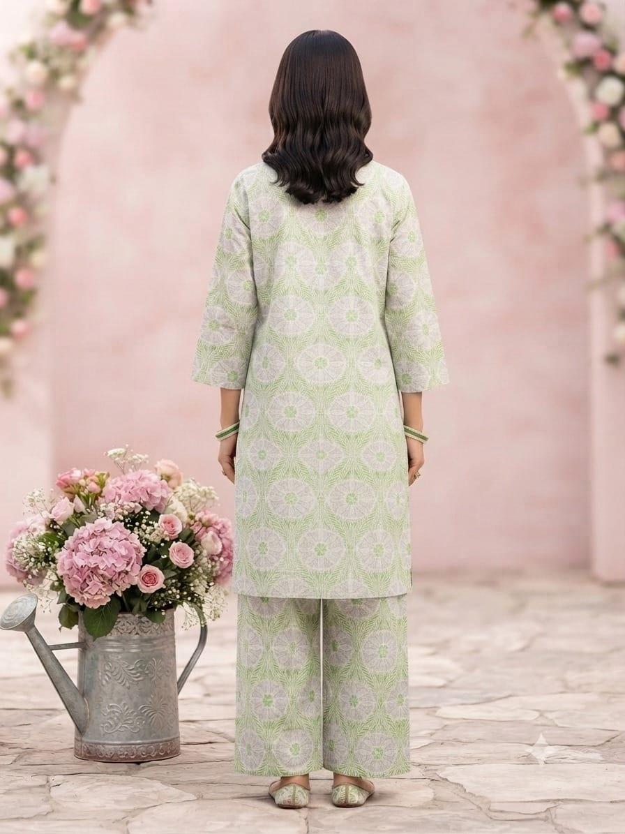 Printed green 2 Piece Suit With Tussels - Stitched - Image 3