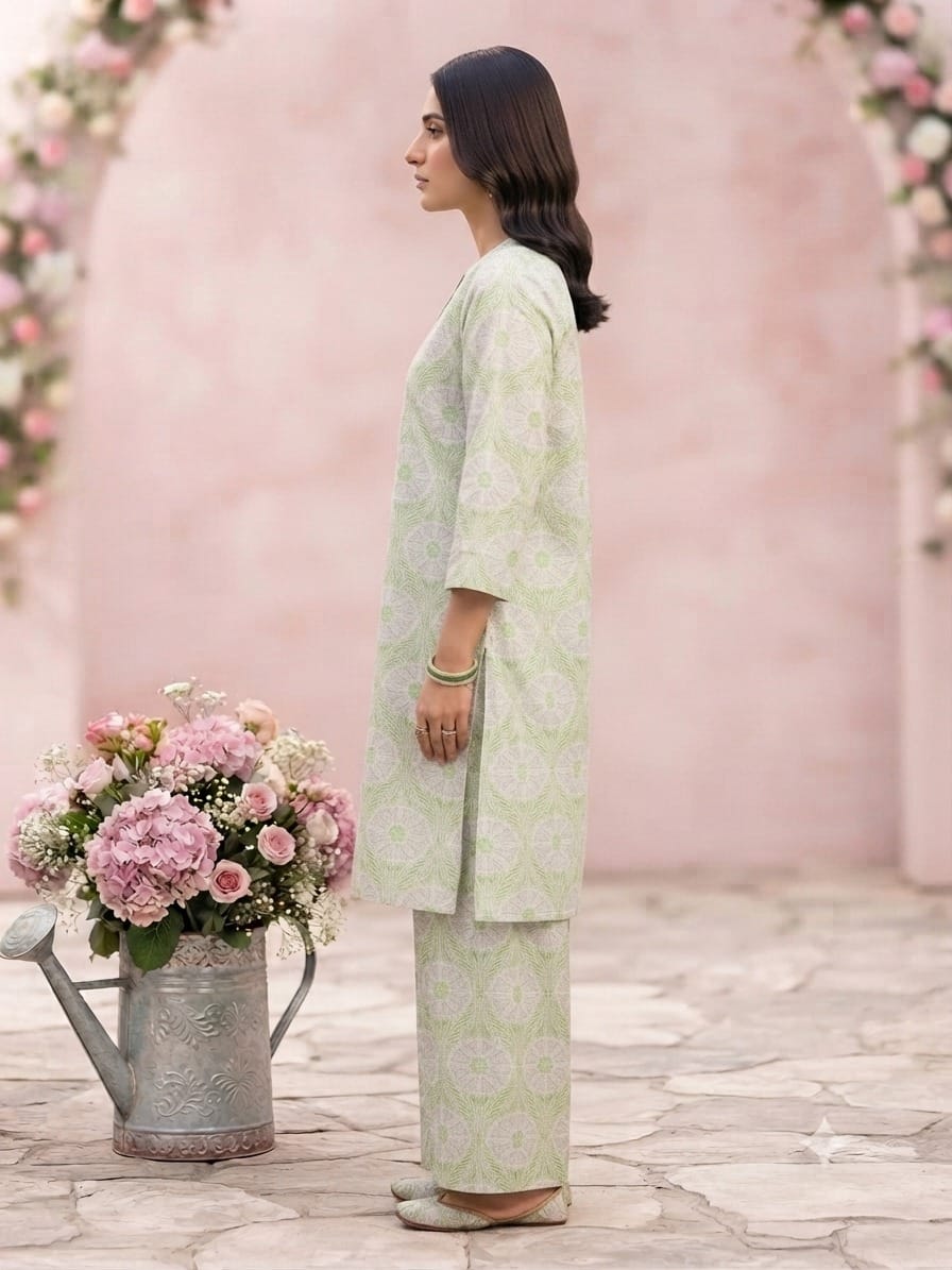 Printed green 2 Piece Suit With Tussels - Stitched - Image 4