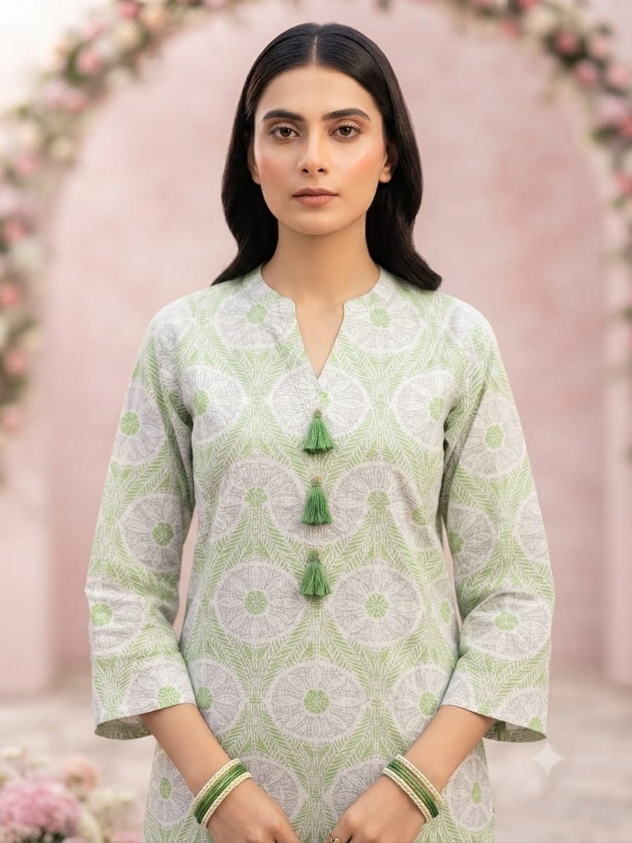 Printed green 2 Piece Suit With Tussels - Stitched - Image 2