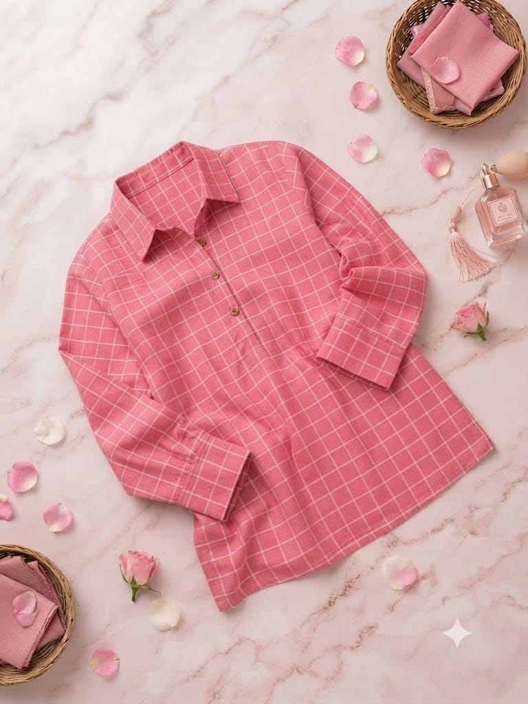 Dark Pink Check Printed Lawn Shirt – Stitched - Image 3