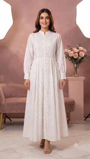 White Lawn Frock Printed _ Stitched