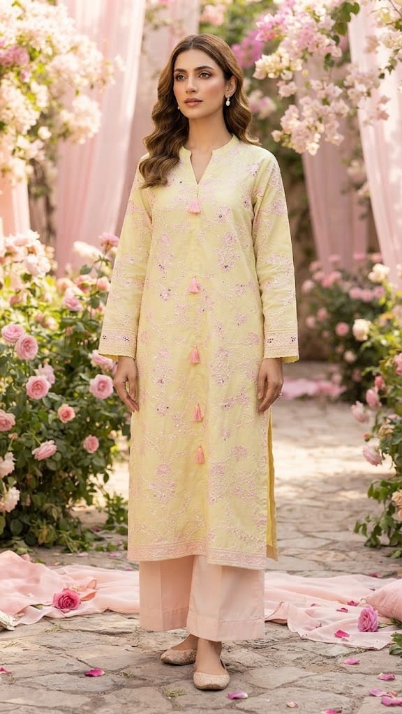 Embroidered Yellow Tussel Shirt with Pink Trouser – Stitched 2 Piece Suit