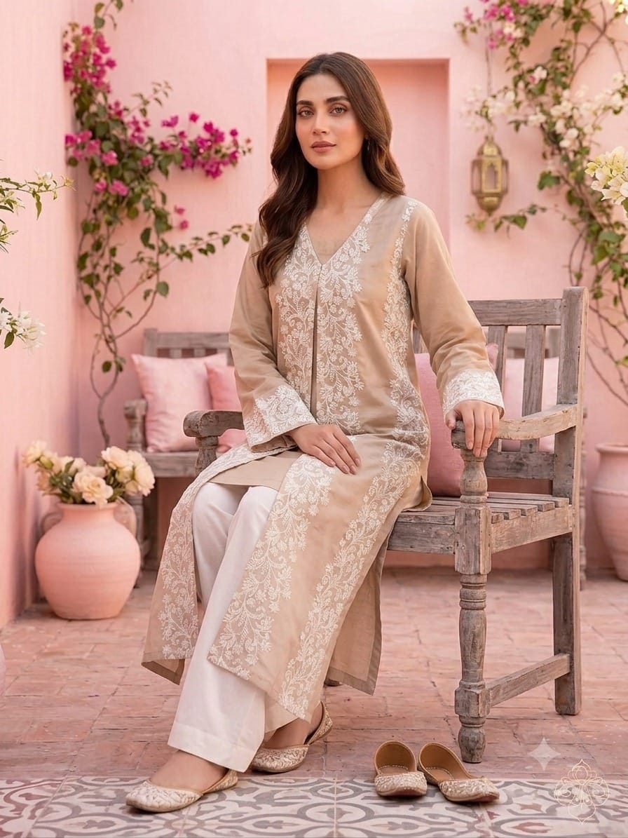 Lawn Shirt With Oraganza Overcoat – Tail back – Stiched – Light brown - Image 4