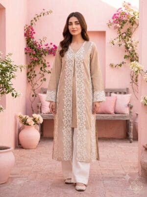 Lawn Shirt With Oraganza Overcoat – Tail back – Stiched – Light brown