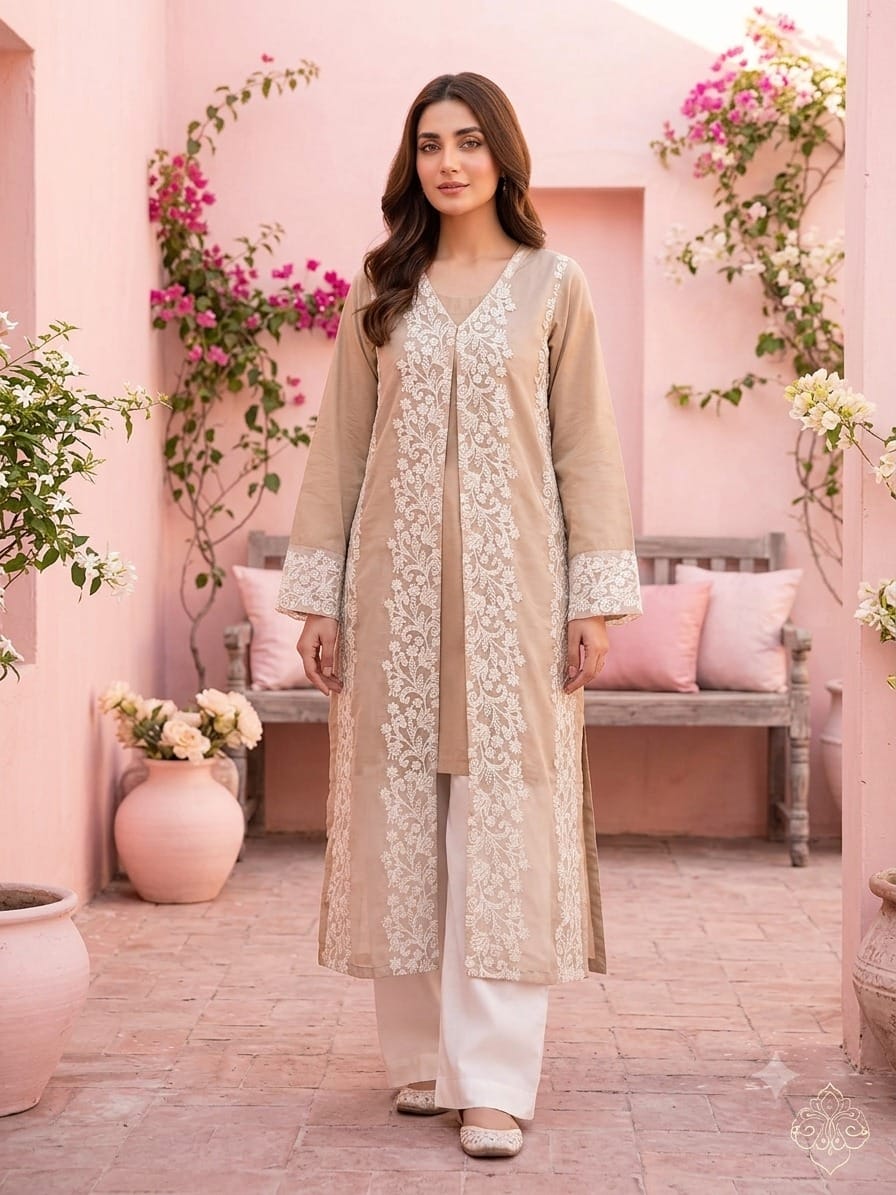 Lawn Shirt With Oraganza Overcoat – Tail back – Stiched – Light brown