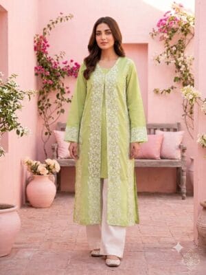 Lawn Shirt With Oraganza Overcoat – Tail back – Stiched – Lime Green