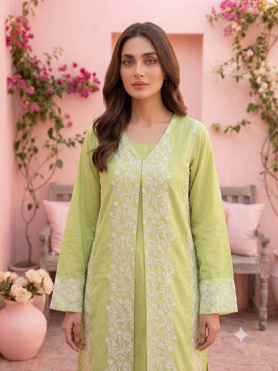 Lawn Shirt With Oraganza Overcoat – Tail back – Stiched – Lime Green - Image 3