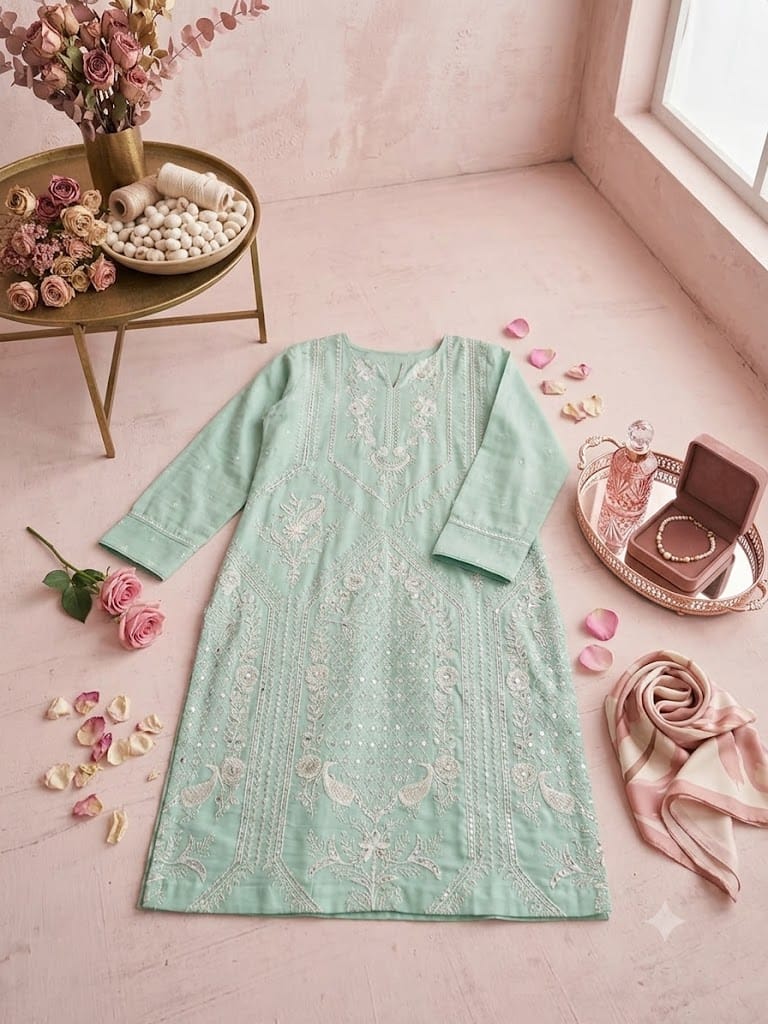 Sea Green Silk Embroidered Lawn Shirt – Stitched