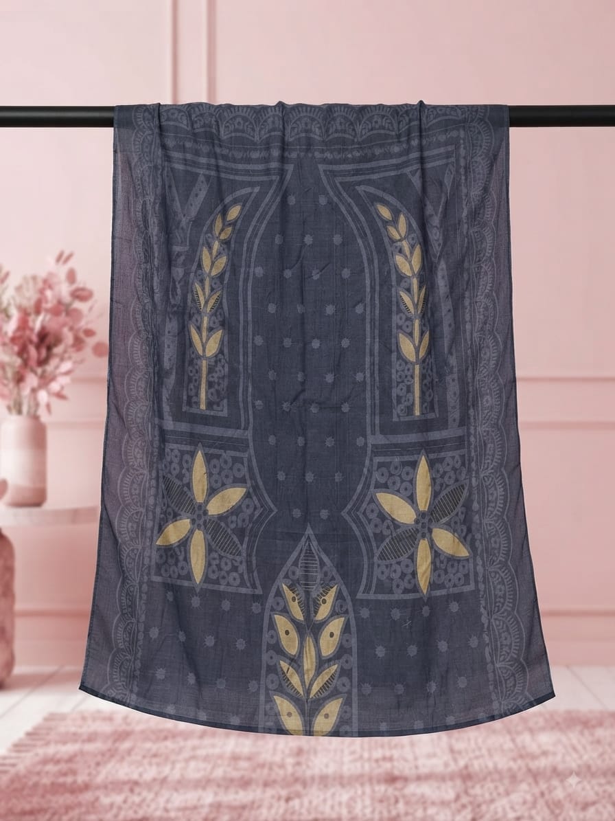 Elegant Charcoal Grey Printed Nano Dupatta with Golden Floral Motifs - Image 5