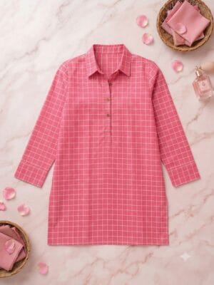 Dark Pink Check Printed Lawn Shirt – Stitched