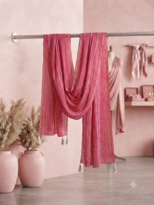 Premium Pink Chiffon Dupatta with Golden Stripes & Tassels