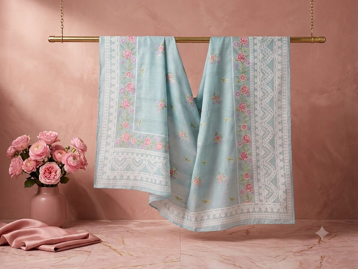 Sky Blue Floral Embroidered Nano Chord Dupatta