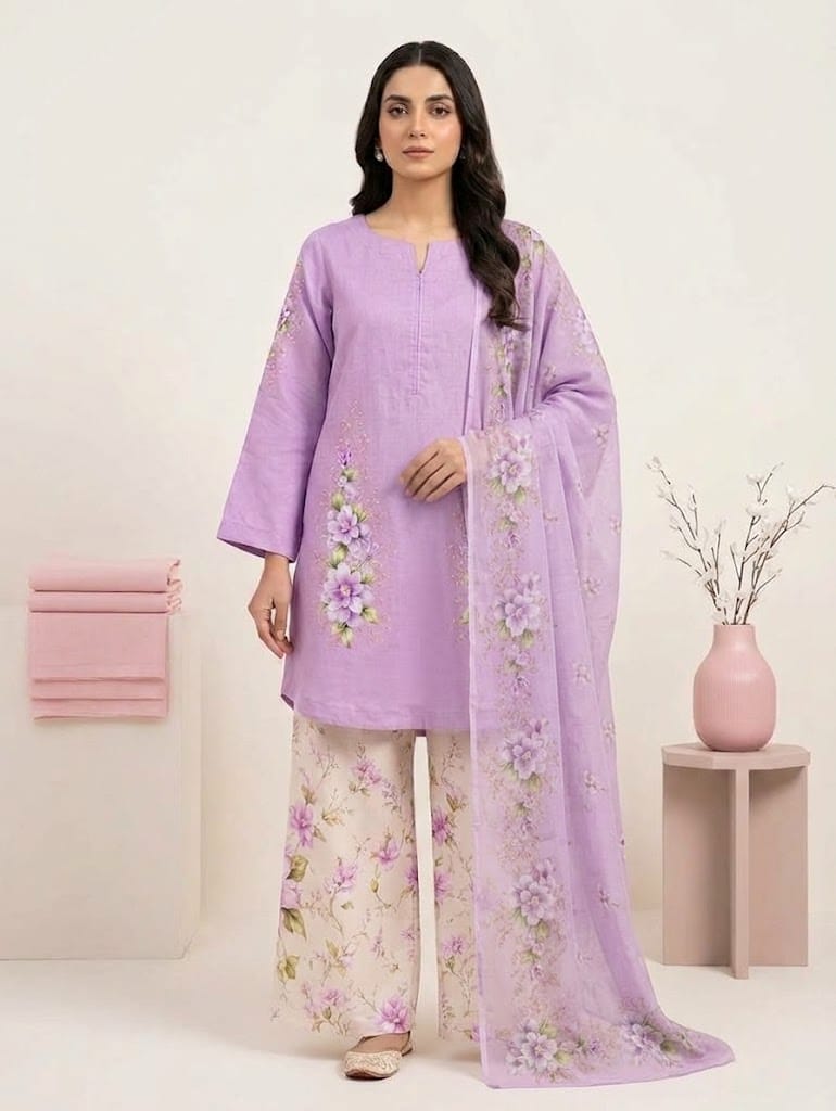 Printed Violet Petal – 3-Piece Viscose Suit with Chiffon Dupatta _ Stitched