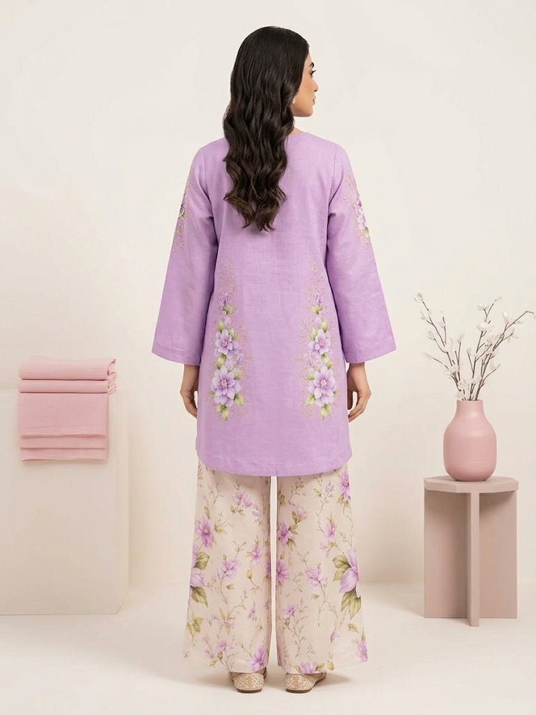 Printed Violet Petal – 3-Piece Viscose Suit with Chiffon Dupatta _ Stitched - Image 4