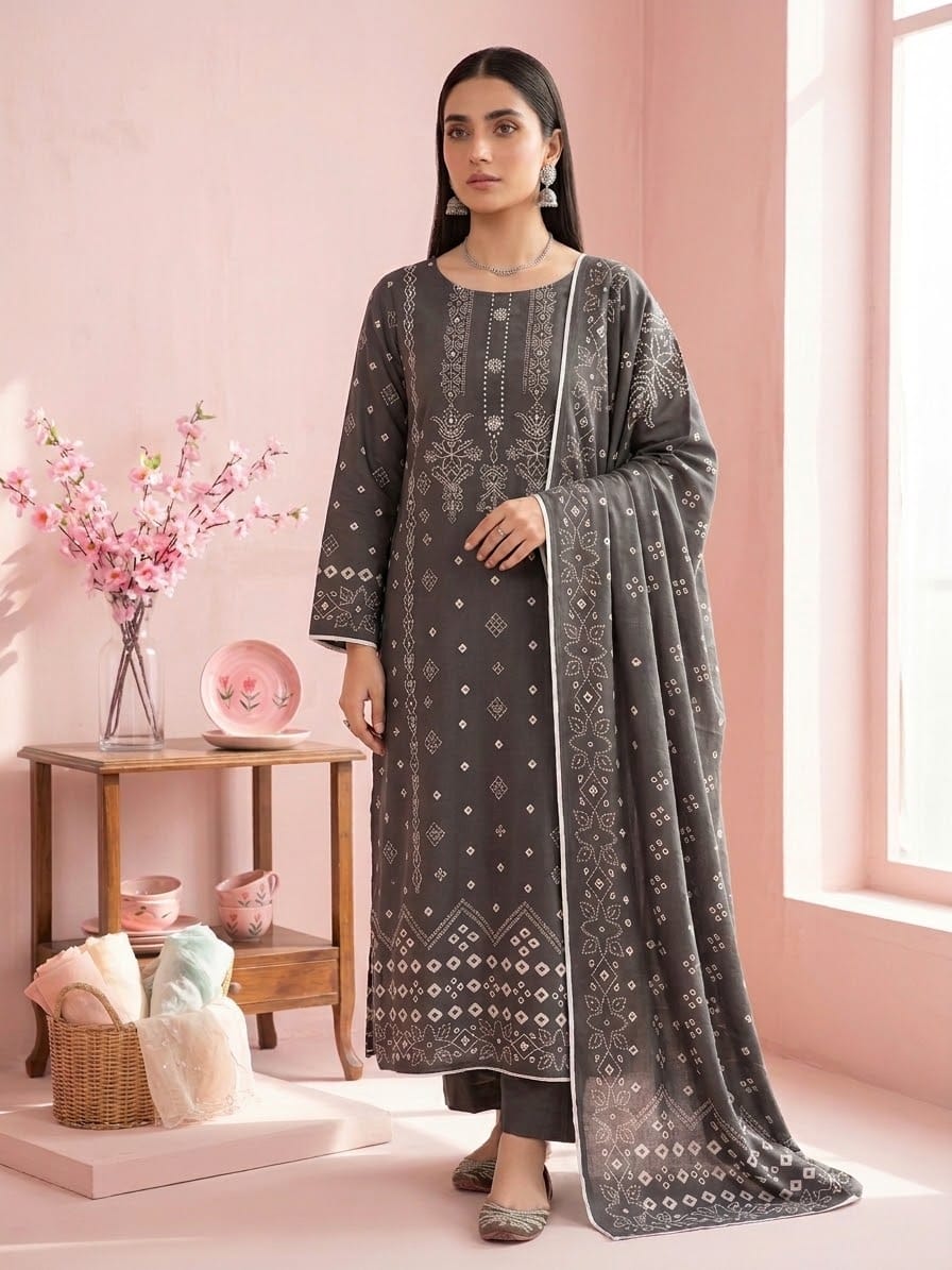 Midnight Ajrak – Unstitched Viscose & Apple Silk 3PC Suit - Image 2