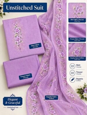 Printed Violet Petal – 3-Piece Viscose Suit with Chiffon Dupatta _ Unstitched