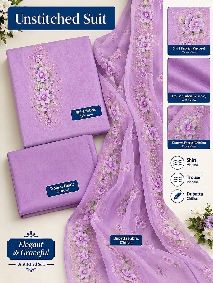 Printed Violet Petal – 3-Piece Viscose Suit with Chiffon Dupatta _ Unstitched