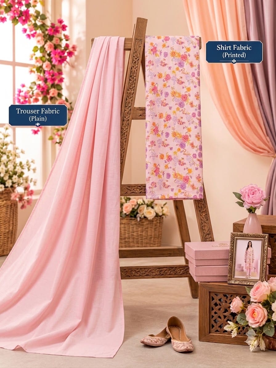 Pink Gardenia – Unstitched 2-Piece Printed Hairing Bone Suit
