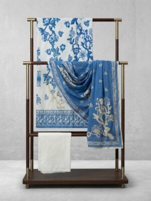 Printed Blue and white Viscose  suit with apple silk Duppata 3pc suit - unstitched