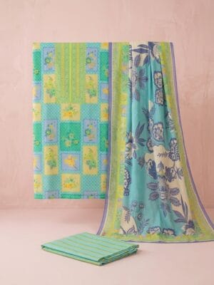 Aqua Glow – Printed Herringbone 3-Piece Unstitched Suit