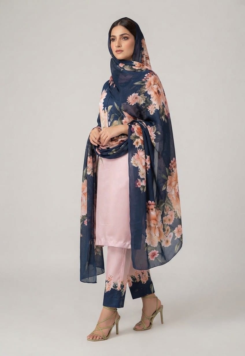 Midnight Peony – Viscose 3-Piece Unstitched Suit with Apple Silk Dupatta - Image 2